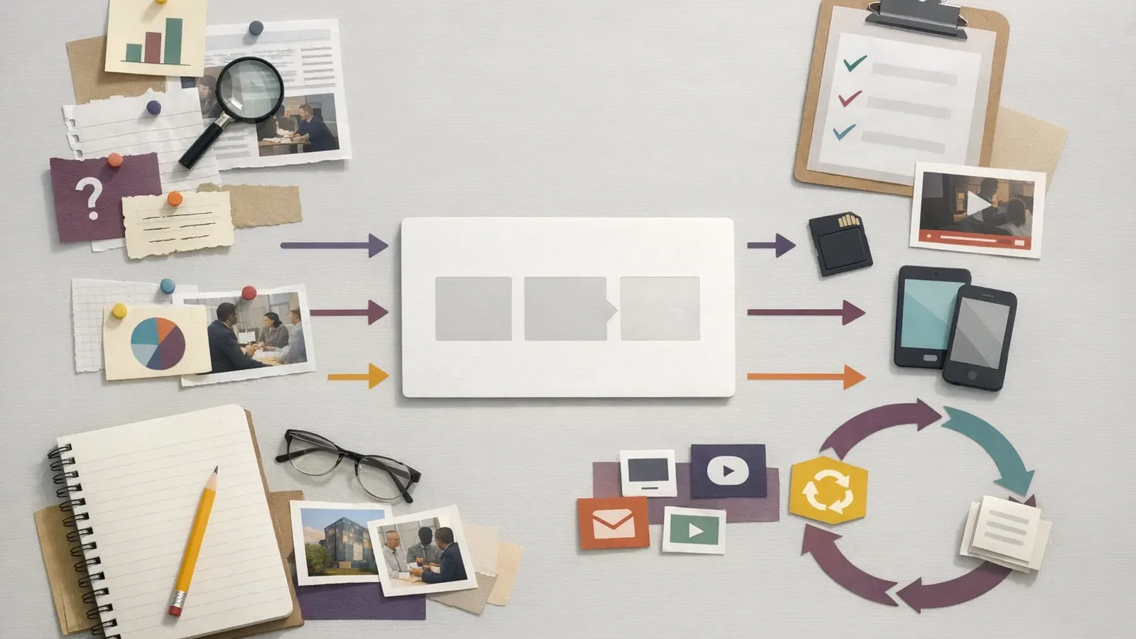 Estrategia de contenidos que adapta una idea central a buscadores, correo, redes y materiales comerciales.