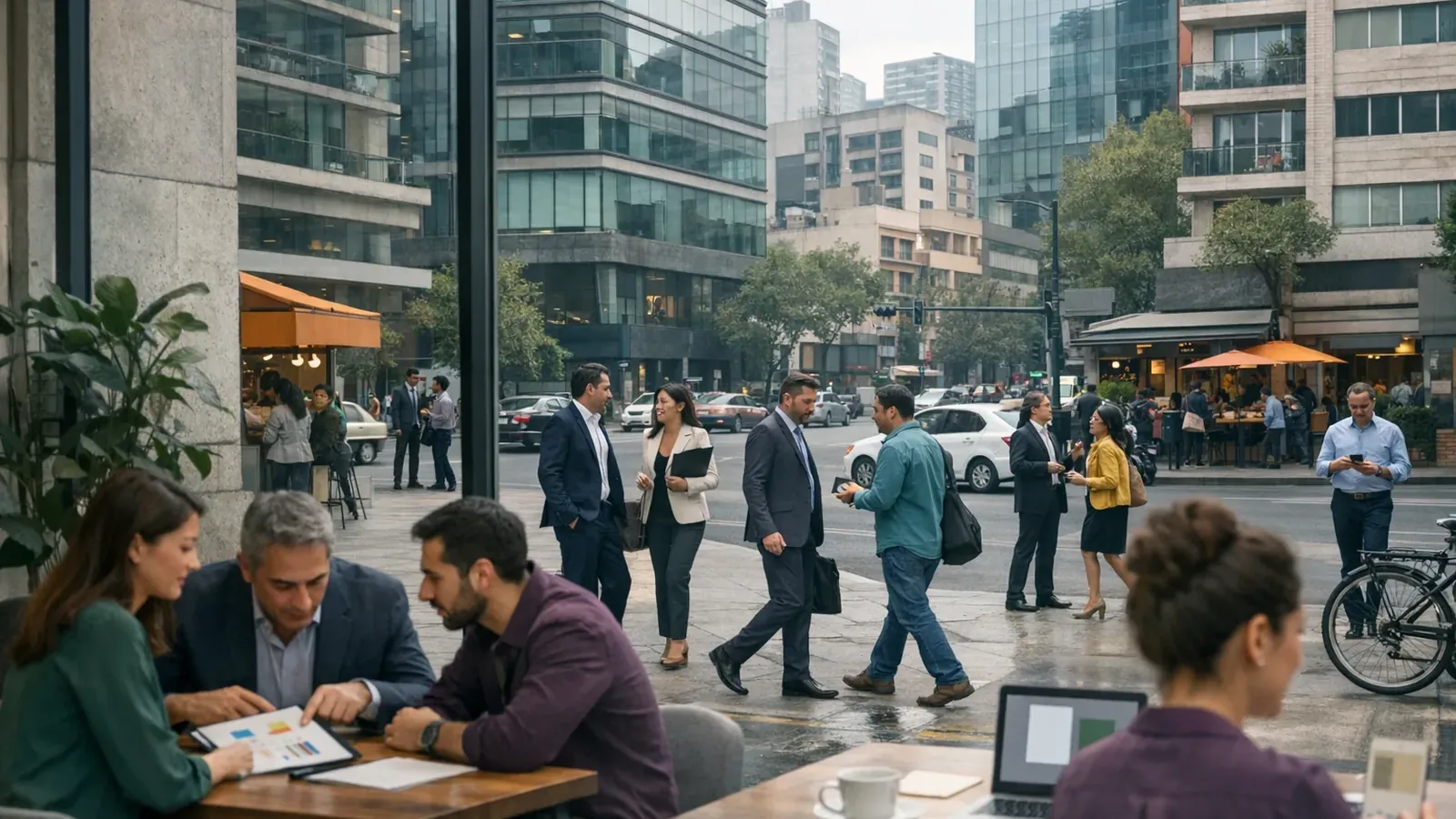 Actividad profesional y comercial en un entorno urbano contemporáneo.