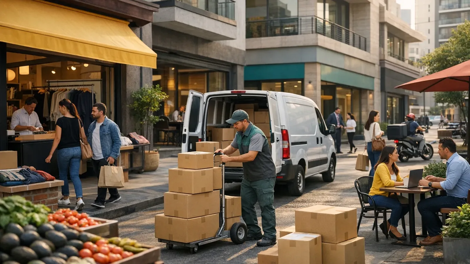 Comercio, entregas y servicios en una zona urbana de actividad mixta.