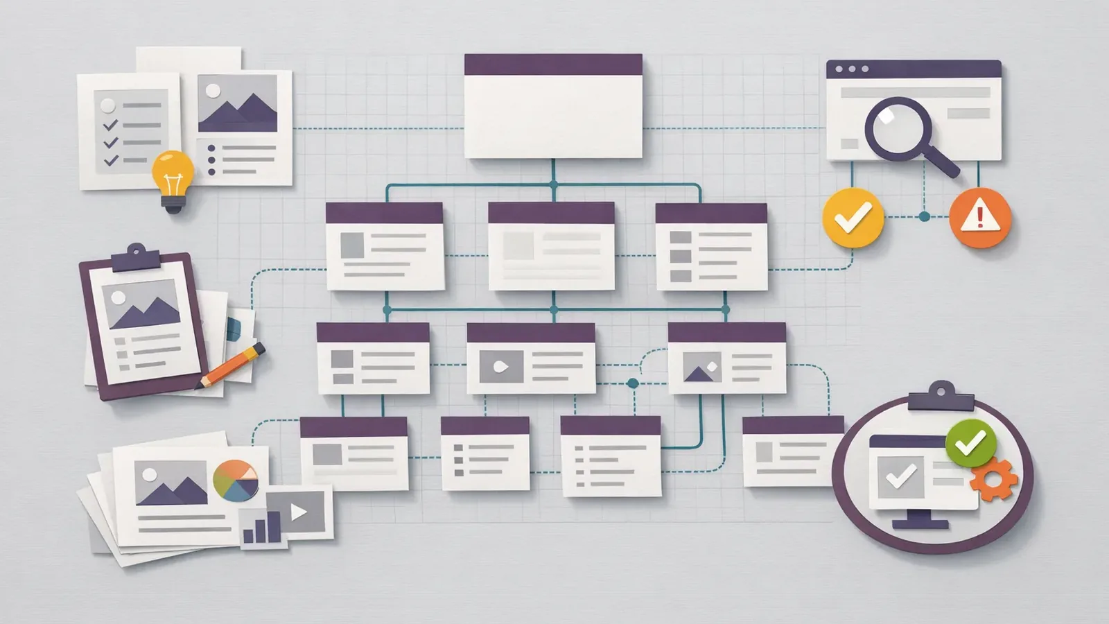 Mapa de arquitectura SEO que conecta intención de búsqueda, páginas, enlaces y validaciones técnicas.
